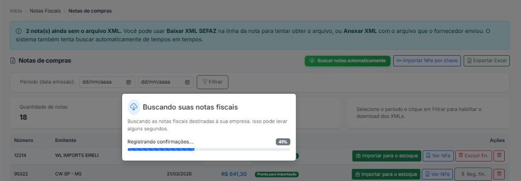 Notas de compras no Mongestor — busca automática de notas fiscais