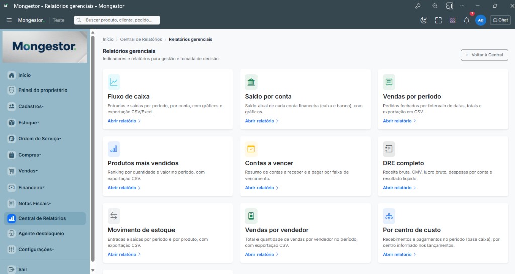 Central de relatórios gerenciais no Mongestor